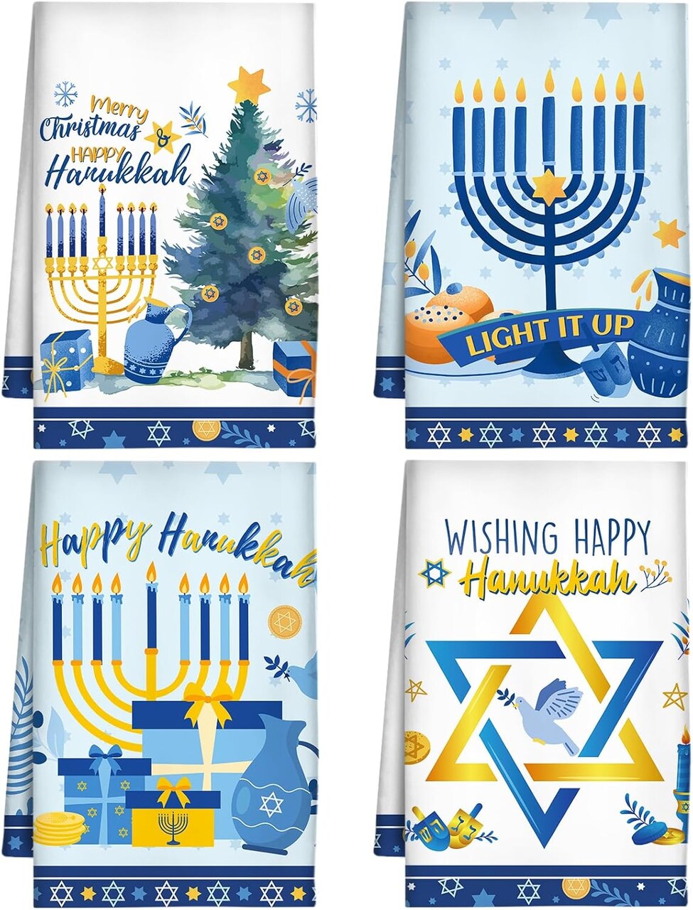 Hanukkah Kitchen Dish Towels - Set of 4 Hanukkah Decorations for Home Blue Candlestick Tea Towel Christmas Hand Towels for Bathroom Jewish Gifts Housewarming Cooking Baking Cleaning